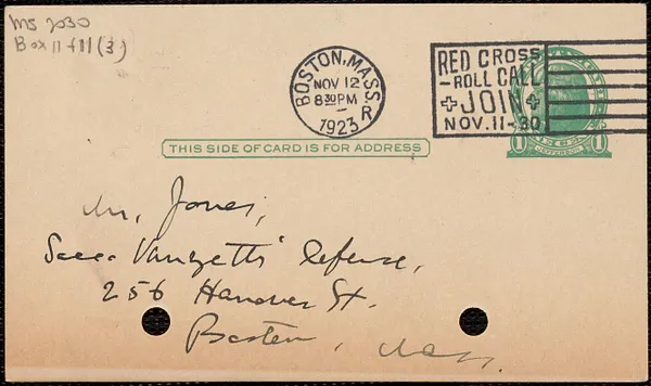 E[lizabeth] G[lendower] Evans autograph postcard to Hayes Jones, Brookline, Mass., November 12, 1923