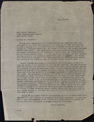 Gardner Jackson typed letter (copy) to Rev. Arthur Wheelock (First Congregational Church), [Boston, Mass.], July 16, 1929
