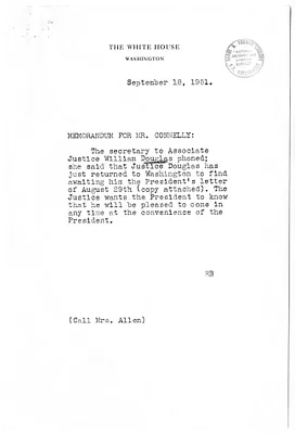 Memorandum from Roberta Barrows to Matthew Connelly, with Attached Correspondence Between President Harry S. Truman and Justice William O. Douglas