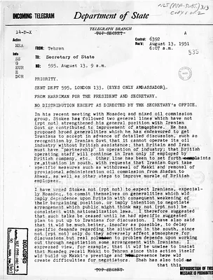Telegram from Ambassador Henry Grady to Secretary of State Dean Acheson, Number 595