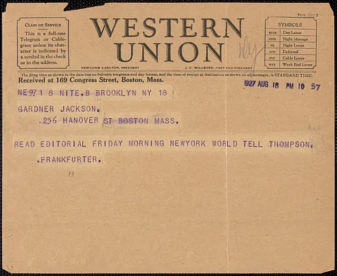 Felix Frankfurter telegram to Gardner Jackson, Brooklyn, N.Y., August 18, 1927