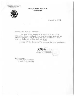 Memorandum from John F. Simmons to William Hassett, with Attachments