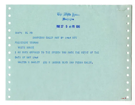 Telegram from Walter Oakley to President Harry S. Truman