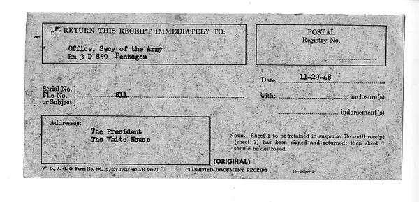 Memorandum from Secretary of the Army Kenneth Royall to President Harry S. Truman, with Attachment