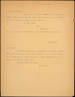 Bartolomeo Vanzetti typed note (copy) to Maude Pettyjohn, [Dedham], 15 April 1927 ; Bartolomeo Vanzetti typed letter (copy) to Maude Pettyjohn, [Dedham], 27 May 1927