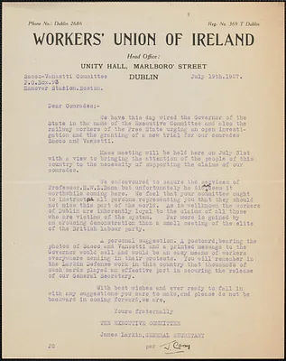Jack Carney (Workers' Union of Ireland) typed letter signed to Sacco-Vanzetti Defense Committee, Dublin, Ire., July 19, 1927