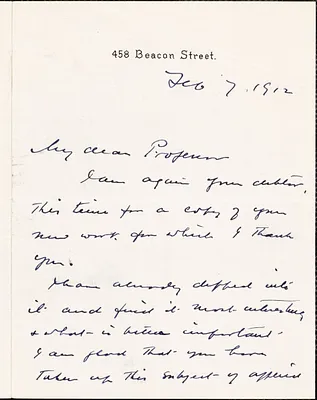 Prince, Morton, 1854-1929 autograph letter signed to Hugo Münsterberg, Boston, 07 February 1912