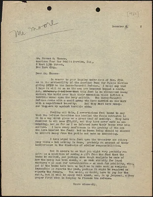 [Elizabeth Glendower Evans?] typed letter (copy) to Norman N. Thomas (The American Fund for Public Service, Inc.), [Boston, Mass?], December 2, [1922?]