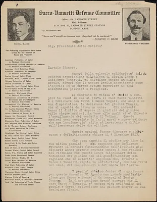 Sacco-Vanzetti Defense Committee typed letter (circular), in Italian, to Sig. Presidente della Società, Boston, Mass., [August 1924]