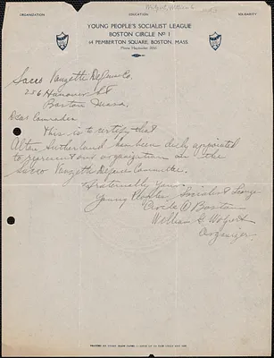 William G. Walpert (Young People's Socialist League) autograph note signed to Sacco-Vanzetti Defense Committee, Boston, Mass., [1921-1927]