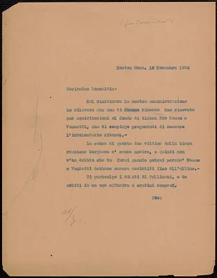 Romeo Zenoni typed letter, in Italian, to Romualdi, Boston, Mass., November 18, 1924