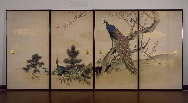 Peacock and Peahen with Flowering Prunus