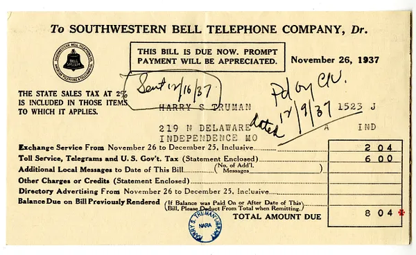 Bill from Southwestern Bell Telephone Company to Harry S. Truman