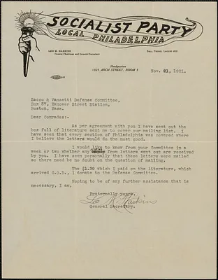 Leo M. Harkins (Socialist Party, Local Philadelphia) typed letter signed to Sacco-Vanzetti Defense Committee, Philadelphia, Pa., November 21, 1921
