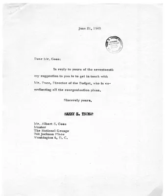 Correspondence Between President Harry S. Truman and A. S. Goss