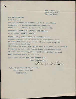 George A. Reid typed letter signed to Eugene Lyons, Manchester, N. H., July 19, 1922