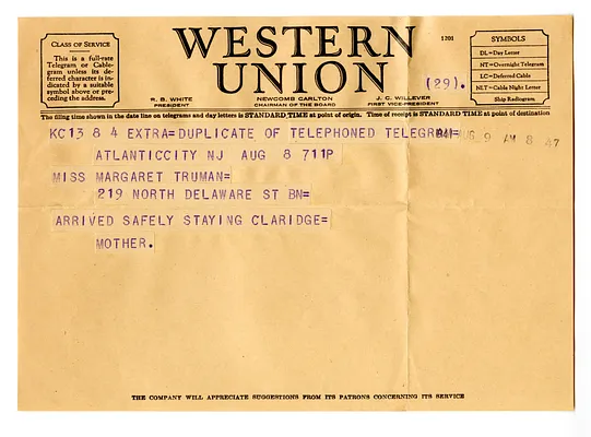 Telegram from Bess W. Truman to Margaret Truman