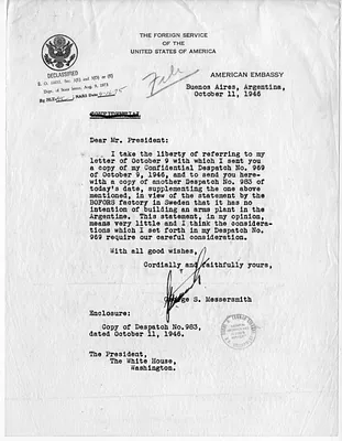 Letter from Ambassador George Messersmith to President Harry S. Truman, with Attachments
