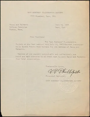 V. [Phillipore?] (Gary Worker's Co-Operative Society) typed letter signed to Sacco-Vanzetti Defense Committee, Gary, Ind., July 14, 1927