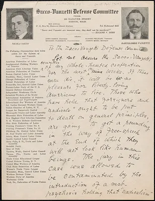 Edward Holton James autograph letter signed to Sacco-Vanzetti Defense Committee, Concord, Mass., April 15, 1927