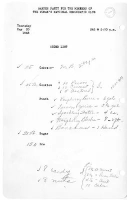 Shopping List for Garden Party for the Members of the Women's National Democratic Club