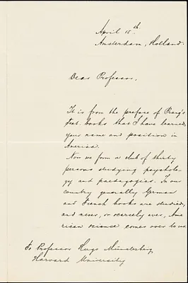 Balen, C. L. van, fl.1905 autograph letter signed to Hugo Münsterberg, Amsterdam, Hol., 15 April 1905?