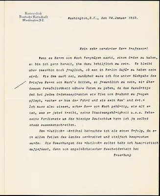 Bernstorff, Johann Heinrich, Graf von, 1862-1939 typed letter signed to Hugo Münsterberg, Washington, D.C., 24 January 1912