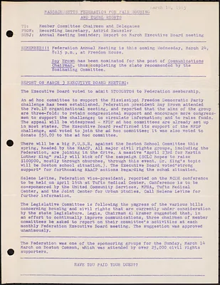 Massachusetts Federation for Fair Housing and Equal Rights Annual Meeting Reminder, Report on March Executive Board meeting