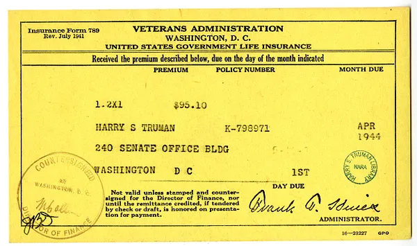 Insurance Premium Notice for Harry S. Truman, United States Veterans Administration