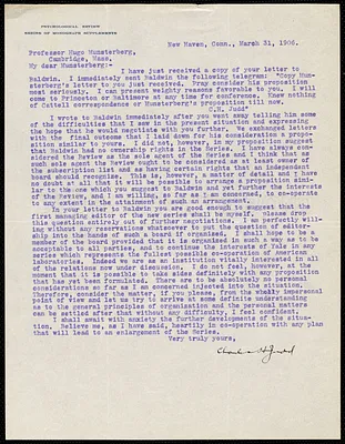 Judd, Charles Hubbard, 1873-1946 typed letter signed to Hugo Münsterberg, New Haven, Conn., 31 March 1906