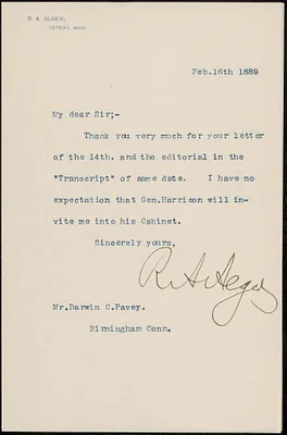 Letter from R.A. Alger, Detroit, Mich., to Darwin C. Pavey, Birmingham, Conn., 1889 February 2