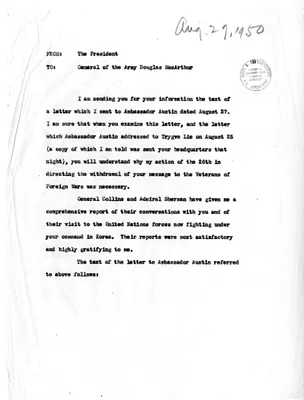 Memorandum from President Harry S. Truman to General Douglas MacArthur