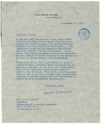 Letter from President Harry S. Truman to Lyle Borst
