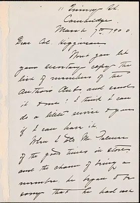 Alice Freeman Palmer autograph letter signed to Thomas Wentworth Higginson, Cambridge, Massachusetts, 7 May 1900