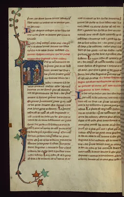 Initial ""P"" with two children before a seated prince