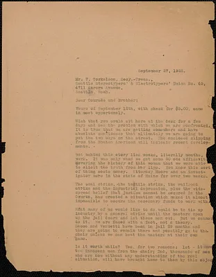 Frank R. Lopez (Sacco-Vanzetti Defense Committee) typed letter (copy) to T. Torkelson (Seattle Stereotypers' & Electrotypers' Union No. 65), [Boston, Mass.], September 27, 1922