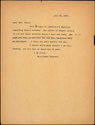 Bartolomeo Vanzetti typed note (copy) to Elizabeth Glendower Evans, [Charlestown], 31 July 1927