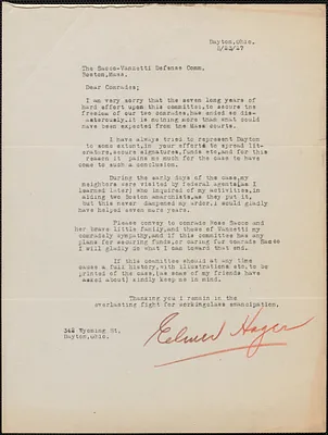 Elmer Hager typed letter signed to Sacco-Vanzetti Defense Committee, Dayton, Ohio, August 23, 1927