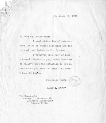 Correspondence Between President Harry S. Truman, Dean Acheson, and George Messersmith
