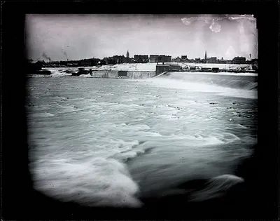 Holyoke wooden dam in winter, view from South Hadley