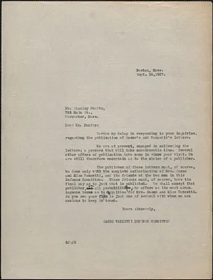 Gardner Jackson (Sacco-Vanzetti Defense Committee) typed letter (copy) to Stanley Kunitz, Boston, Mass., September 16, 1927