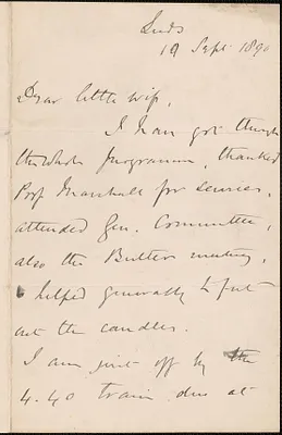 [John Biddulph Martin] autograph note to [Victoria Woodhull Martin], Leeds, [England], September 19, 1890