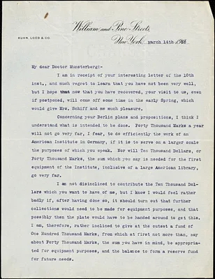 Schiff, Jacob Henry, 1847-1920 typed letter signed to Hugo Münsterberg, New York, 14 March 1910