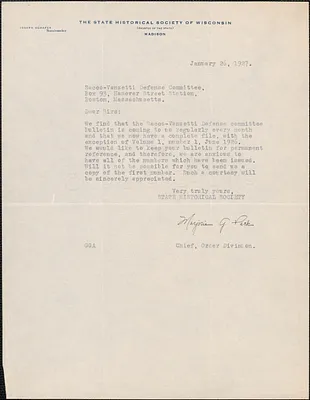 Marjorie G. Park (The State Historical Society of Wisconsin) typed letter signed to Sacco-Vanzetti Defense Committee, Madison, Wis., January 26, 1927