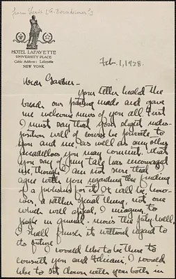 Louis [Bernheimer] autograph note signed to Gardner [Jackson], New York, N. Y., February 1, 1928