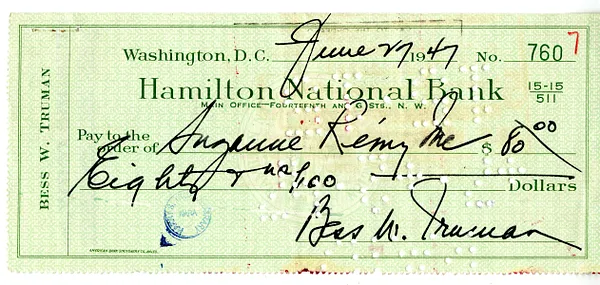 Bill from Suzanne Remy, Inc. for Bess W. Truman, with Attached Cancelled Check