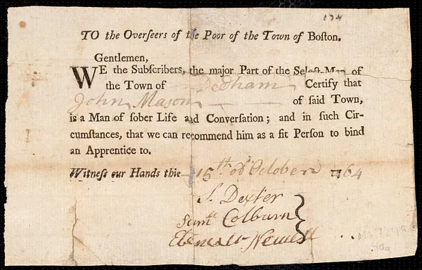 John Brown indentured to apprentice with John Mason of Dedham, 8 February 1765
