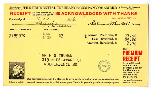 Premium Receipt from Prudential Insurance Company of America to Harry S. Truman