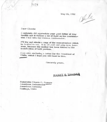 Correspondence Between President Harry S. Truman and Ambassador Claude Bowers, with Related Material