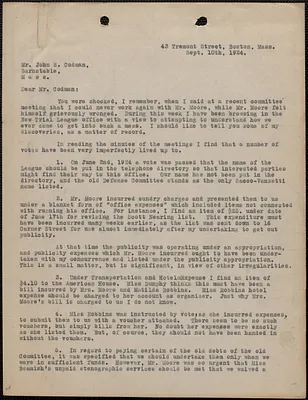 Elizabeth Glendower Evans typed letter signed (secretary) to John S. Codman, Boston, Mass., September 10, 1924